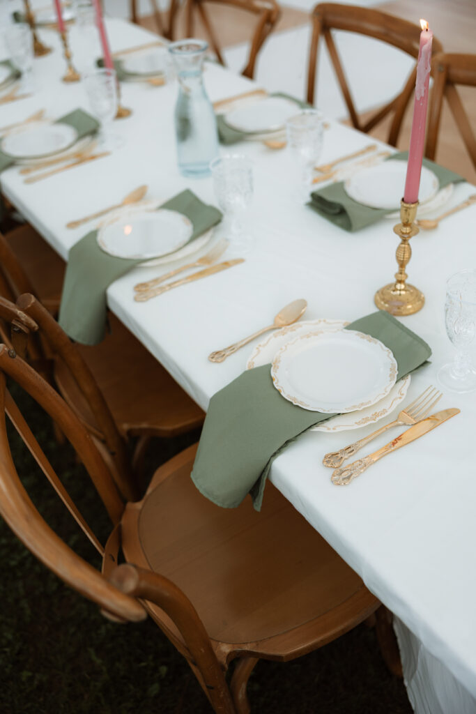 Vintage inspired tablescape at wedding reception.